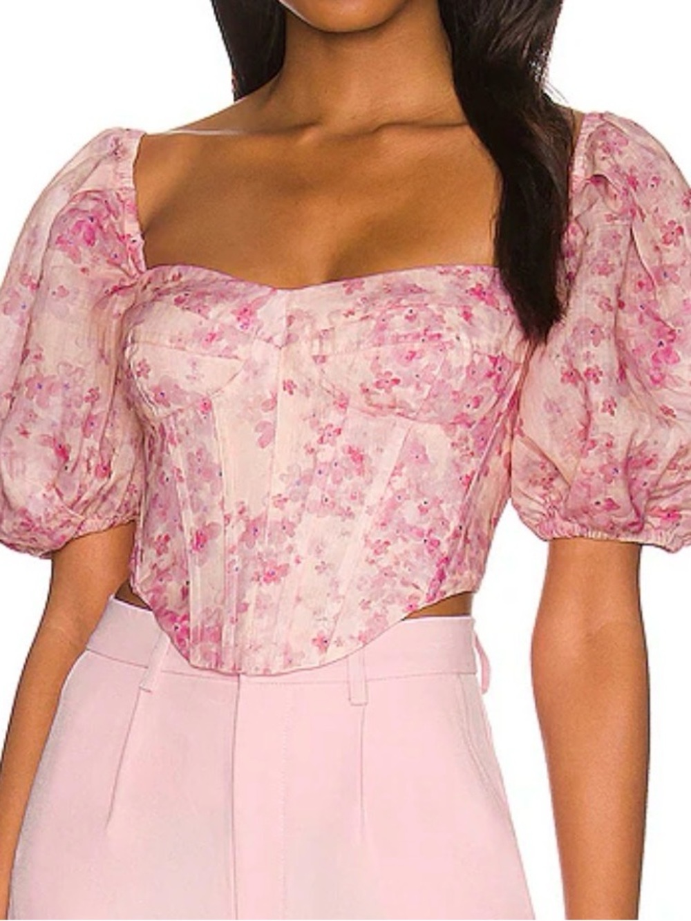 Bardot Pink Floral Puff-Sleeve Corset Crop Top